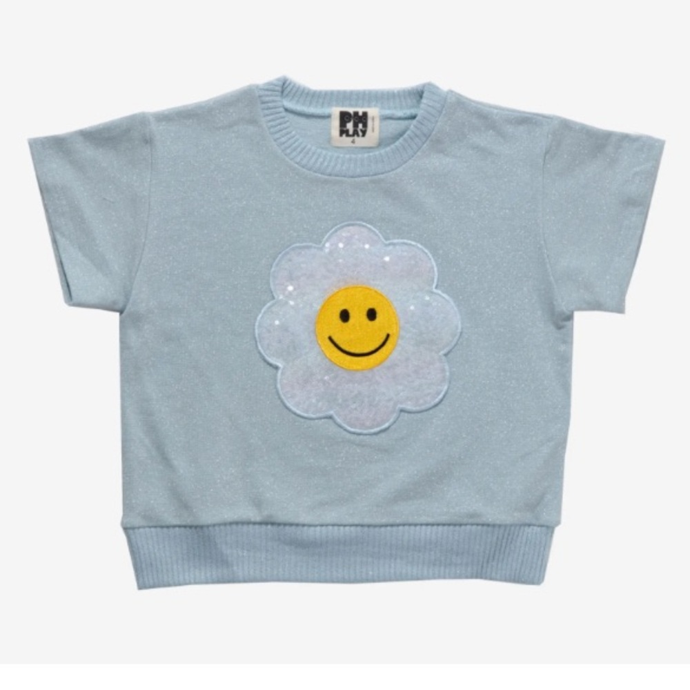 Silver Short-Sleeve Tee with Smiley Flower Appliqué